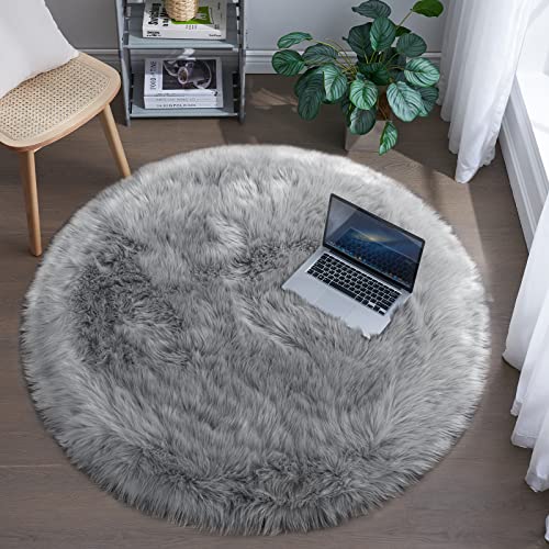 Tangsoo Round Faux Fur Rugs, Sheepskin Round Rug 3ft, Grey Soft Small Circle Rug, 3x3 Fuzzy Plush Fur Rug, Shag Circular Rugs Floor Carpet for Bedroom, Kids Room, Nursery, Girls Room, Dorm - color: Grey, size: 3' (Round)