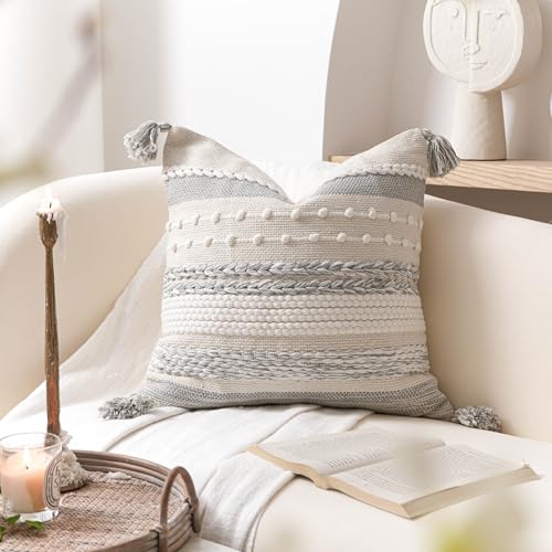 BlissBlush Gray Boho Decorative Throw Pillow Cover 20x20 Square Farmhouse Accent Cushion for Couch Sofa Livingroom Bedroom Pillowcase Modern Home Décor (Pack of 1) - color: Gray White, size: 20" x 20" (Pack of 1)