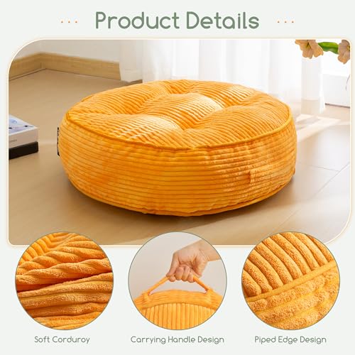 HIGOGOGO 6" Extra Thick Floor Pillow Cushion for Adults, Meditation Cushion Pillow, Large Round Floor Sitting, Tufted Corduroy Cover, for Tatami Living Room or Yoga, 22x22 Inch, Orange - color: Round Orange, size: 6" Thick(Pack of 1)
