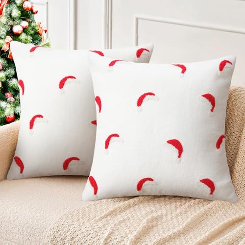Merrycolor Christmas Pillow Covers18×18Inch Tufted Red and White Christmas Hat Cotton Canvas Holiday Decorative Throw Cushion Cases Suitable for beds, Sofas, and Living Rooms Decor - color: Red White Christmas Hat