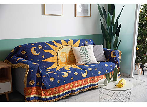 Erke 70" x 90" Sun and Moon Blanket Celestial Couch Sheet Cover Witchy Hippy Home Decoration, Double Sided Cotton Woven Hippie Throws Wicca Blankets for Couch Bed Recliner Decor - Yellow/Blue - size: 70" x 90"