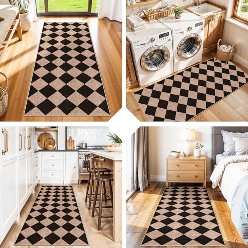 Easy Jute 2x5 Runner Rug: Non Slip Checkered Low Pile Indoor Doormat - Machine Washable Entryway Kitchen Bathroom - Carpet for Dorms Small Spaces Ideal for Young Families First Home (Black/Brown,2x5) - color: Black/Brown, size: 2' x 5' (Rectangular)
