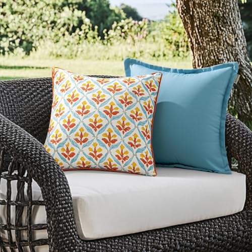 MIULEE Pack of 2 Decorative Outdoor Waterproof Throw Pillow Covers Flower Print Chic Boho Accent Pillow Covers for Square Garden Patio Cushion 18x18 Inch, Orange Teal Red - color: Orange Teal Red, size: 18" x 18" (Pack of 2)