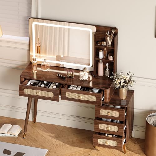 47" Rattan Vanity Table with Mirror and Lights, Brown Makeup Vanity with Storage & 5 Drawers, Boho Vanitys Desk with Shelves for Bedroom, 3 Lighting Modes, Adjustable Brightness (Dark Walnut) - color: Dark Walnut