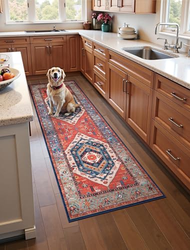 SERISSA Boho Washable Runner Rug, 2x5 Non-Slip Vintage Rust Hallway Kitchen Runner Rug Ultra Soft Print Distressed Tribal Floor Carpet for Bedroom Bathroom Laundry Living Room - color: Rust/Multi, size: 2' x 5' (Runner)