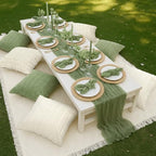 Beeveer 91 x 71 Extra Large Outdoor Boho Picnic Blanket with Sage Green Table Runner, 6 Throw Pillow Covers 6 Napkins Woven Cotton Yarn Oversize Beach Blanket Washable Picnic Camp Wedding - color: Sage Green
