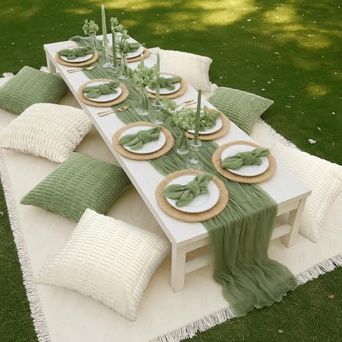 Beeveer 91 x 71 Extra Large Outdoor Boho Picnic Blanket with Sage Green Table Runner, 6 Throw Pillow Covers 6 Napkins Woven Cotton Yarn Oversize Beach Blanket Washable Picnic Camp Wedding - color: Sage Green