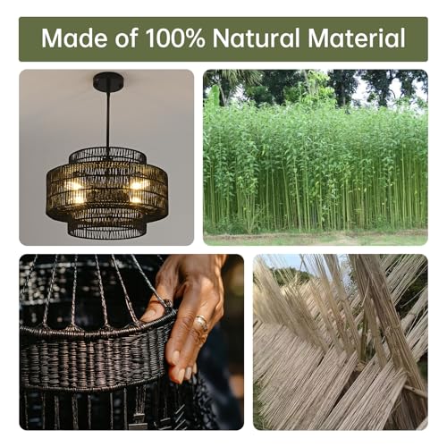 4-Light Black Boho Rattan Chandelier Light Fixture, 17.7” Hand Woven Rustic Chandeliers Farmhouse Chandelier Hanging Light for Dining Room Kitchen Island, Living Room, Foyer - color: Black, size: 17.7" 4-Light