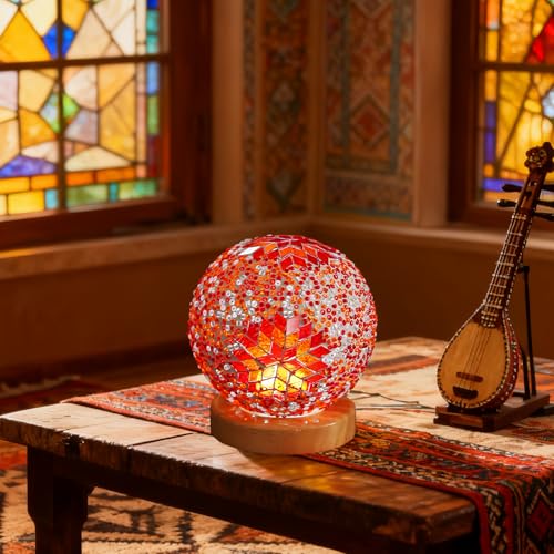 Bohemian Mosaic Table Lamp Mosaic Glass Lamps with Wooden Base Dimmable Colored Glass Night Light for Ramadan/Eid Holiday Gathering Decoration Unique Housewarming Gift (Boho-Orange, Boho) - style: Bohemian B Orange