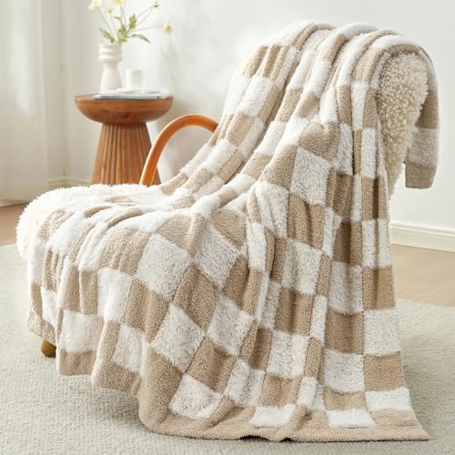Snuggle Sac Checkered Throw Blanket Faux Fur Microfiber Blankets for Couch,Cozy Soft Warm Blanket for Sofa Bedroom Living Room,Beige Checker,50x60 inches - color: Beige White, size: Throw(50"x60")