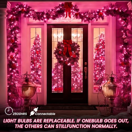 Christmas Lights,100 Count Pink Lights with White Wire,21ft UL Certified String Lights for Indoor Outdoor Valantine's Day Decoration,Home Garden, Wedding Decorations - color: Pink