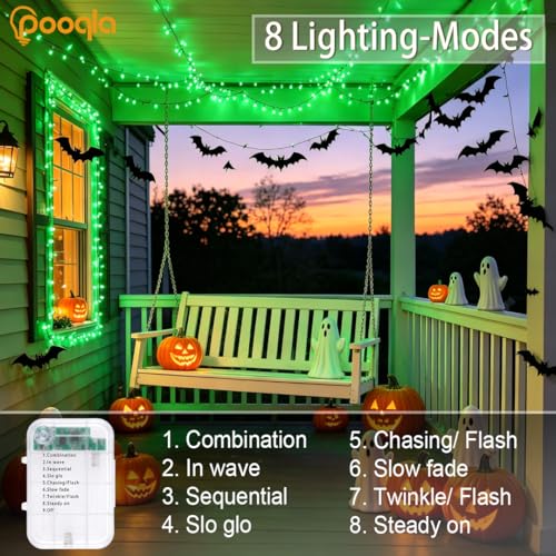 Pooqla 2 Pack String Lights Battery Operated, Total 66.6ft 200 LED Fairy Lights Indoor Outdoor Decorations, 8 Modes Green Battery Lights for Halloween Christmas Bedroom Porch Party Yard Decor - color: Green, size: 100 LED x2