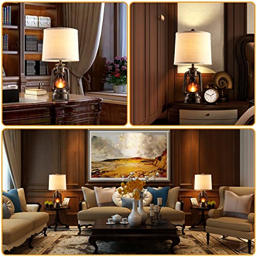 Farmhouse Lantern Table Lamps for Living Room Set of 2, Vintage Bedroom Resin Lamp with Dual USB Charging Ports, Rustic Retro Bedside Nightstand Desk Lamp, 4 Bulb Included - color: Bronze - 22'' Lantern Lamps