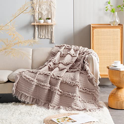 Ultra Soft Pre-Washed Quilted Throw Blanket, Ruffle Fringed Dusty Rose Pink Decorative Throw, Stone Washed Chic Rustic Blanket for Sofa Couch Bed Chair, 50"x 60" - color: Dusty Rose, size: 50"x60"