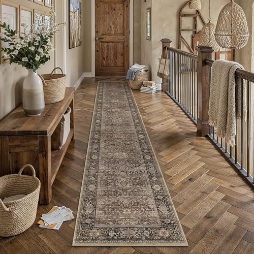 HUGEAR Brown Washable 2x12 Runner Rugs for Hallway Entryway Vintage Distressed Neutral Rug Carpet Durable Soft Non Slip & Shedding Stain Resistant Low Pile Indoor Home Decor - color: Retro | Brown, size: 2' x 12' (Runner)