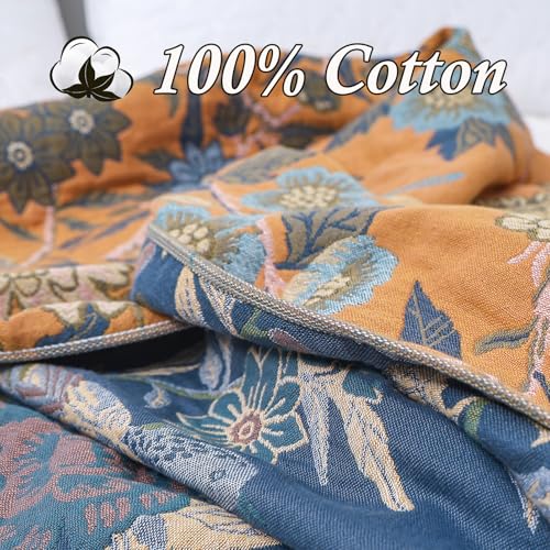 Snycler Boho Throw Blanket for Bed - 100% Cotton Ultra Soft Rustic Quilt Blanket Orange Bird Floral Printed Farmhouse Decor Bed Blankets, 60"×80" All Season Rustic Throw for Sofa Couch Chair - color: Orange Bird Floral, size: 60"x80"