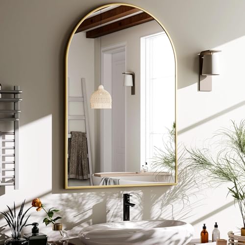 HARRITPURE 20"x30" Arched Bathroom Mirror - Wall Mounted Mirror - Gold Arch Mirror - Aluminum Alloy Frame Bathroom Mirror Living Room, Bedroom and Entryway - color: Gold-1pcs, size: 30"L x 20"W