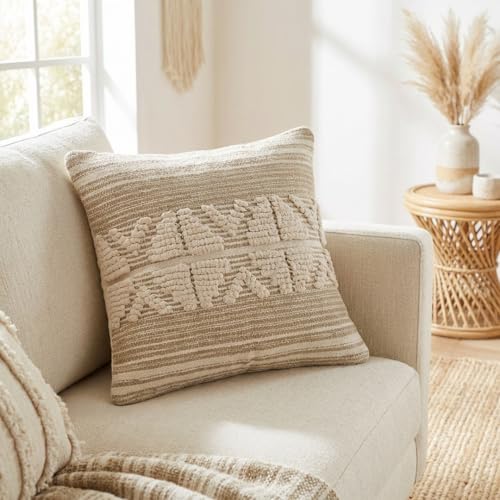 · REDEARTH · Handmade Boho Throw Pillow Covers - Bohemian Chic Farmhouse Style - Accent Woven Indoor and Covered Patio Pillow Cushion Cases for Couch, Bed, Chair, Sofa, Benches – Set of 2-18"x18" - - color: Rustic Elegance Natural, size: 18" x 18" (Pack o