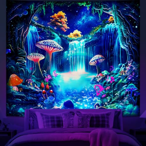 Alened Blacklight Fantasy UV Reactive Waterfall Mushroom Decor for Bedroom, Galaxy Neon Butterfly Tapestries, nature forest tapestry Wall (51'' x 60'') - color: blacklight tapestry, size: 60"L x 51"W