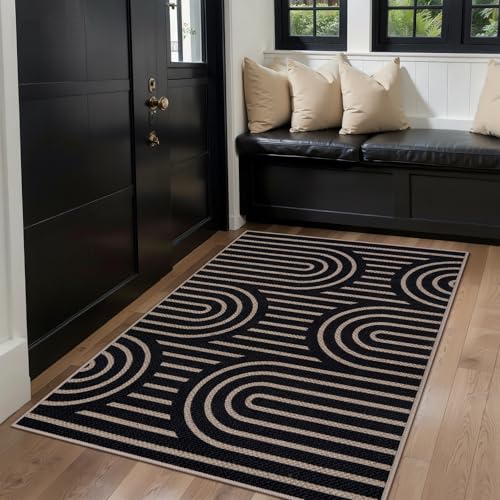 Tangsoo Modern Easy Jute 2x3 Outdoor Washable Rug for Entryway,Non-Slip Black Rug Farmhouse Small Throw Mats Neutral Indoor Floor Carpet for Entrance Front Porch Foyer Decor - color: Black Six Rainbow, size: 2x3ft