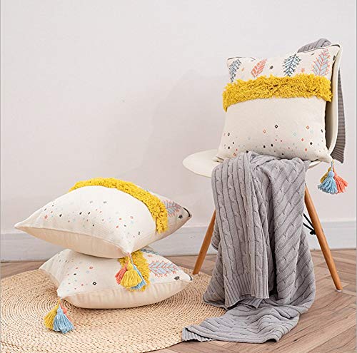 LEVINIS Yellow Tufted Decorative Throw Pillow Cover for Couch Sofa Woven Boho Tribal Pillow Cases with Tassel Square Cushion Cover, 18 x 18 Inch - color: Yellow Tufting, size: 18" x 18" (Pack of 1)