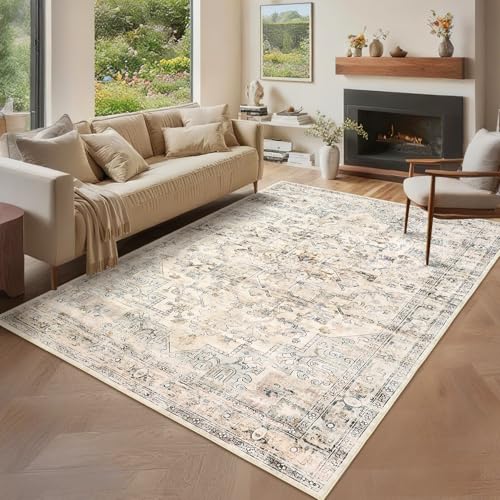GarveeHome 6x9 Rugs for Living Room Washable Area Rug Non Slip Vintage Rug Low Pile Stain Resistant Distressed Rugs Indoor Floor Cover for Bedroom Home Decor Office Beige - color: Beige, size: 6' x 9' (Rectangular)