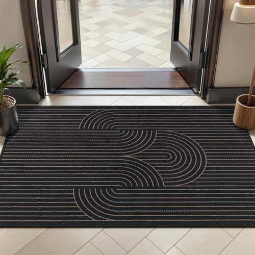 Tangsoo Rainbow Easy Jute Rug 2x4 Small Throw Rugs for Entryway,Washable Ultra Thin Outdoor Door Mat, Black Geometric Non-Slip Indoor Floor Carpet for Entrance Kitchen Hallway Bedroom Front Porch - color: Black Semicircle, size: 2x4ft