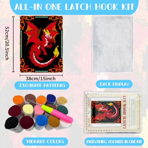 ORIGACH Dragon Latch Hook Rug Kit for Adults Printed Rug Making Kit Handmade Carpet Tapestry Cover with Hook Latch and Preprinted Canvas, Home Arts Crafts Sofa Decor, 20.5x15inch - style: Dragon