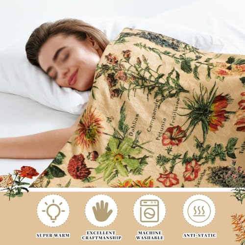 Vintage Flowers Throw Blanket 59”x51” Long Vertical Reference Illustrative Botanical Throws for Bedroom Aesthetic Floral Blankets Botanical Plants Throw Blanket Cute Bedroom Decor - color: Vintage Flowers