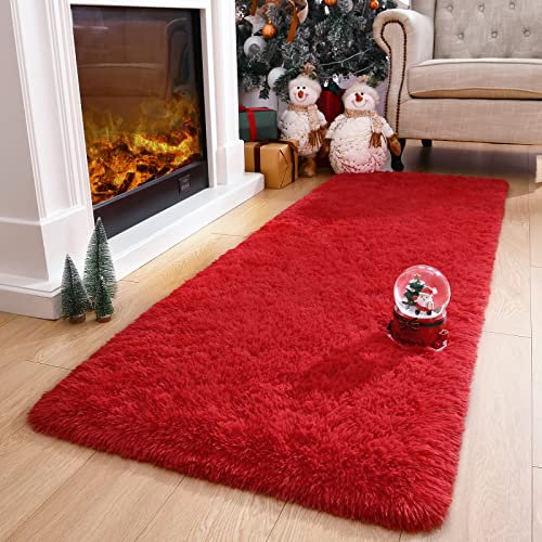 DETUM Red Rug 2x6 Feet - Fluffy Red Runner Rugs for Bedroom Shaggy 2' X 6' Living Room Rug Soft Rugs for Kids Room Non-Slip Nursery Office Dorm Washable Carpets Home Decor - color: Red, size: 2 x 6 feet