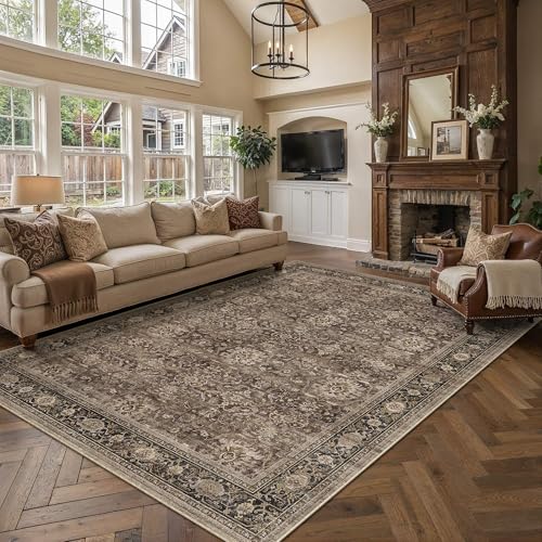 HUGEAR Brown Washable 10x14 Area Rugs for Living Room Bedroom Vintage Distressed Neutral Rug Carpet Durable Soft Non Slip & Shedding Stain Resistant Low Pile Indoor Home Decor - color: Retro | Brown, size: 10' x 14' (Rectangular)