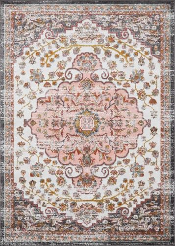 Hauteloom Oark Oriental Bohemian Living Room Bedroom Area Rug - Boho Vintage Distressed Carpet - Medallion - Soft Color Carpet - Pink, Beige, Orange - 7'10" x 10'3" - color: Brick Red, Camel, Charcoal / Oark, size: 7'10" x 10'3" (Rectangular)