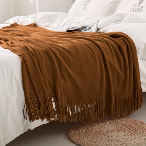 Homiest Decorative Knitted Throw Blanket with Fringe, Lightweight Acrylic Knit Blanket, Soft & Cozy Tassel Throw for Couch Sofa Bed (Camel Brown, 50 x 60 Inch) - color: Brown, size: 50" x 60"