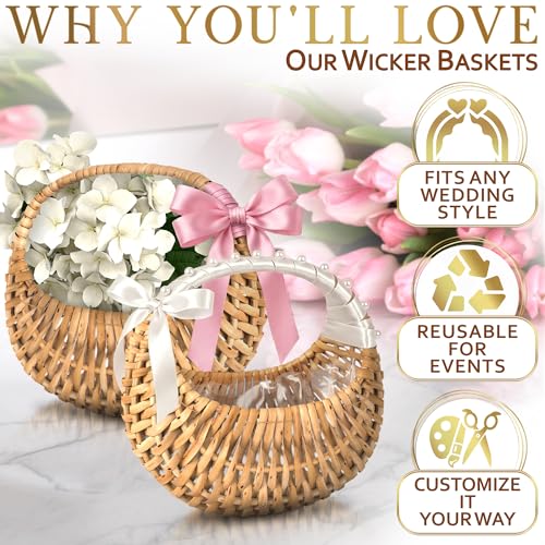 Flower Girl Basket Set of 2 - Charming Rattan with Waterproof Lining, 6.3 x 5.12 x 3.75 Inch - Small Wicker Basket with Handle for Wedding Flower Petals, Confetti, Candy, Gift, Storage & Home Decor - color: Brown