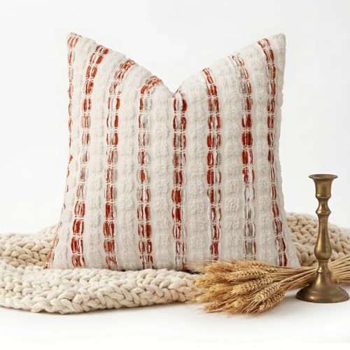 decorUhome Boho Throw Pillow Cover 18x18 inch, Soft Textured Decorative Pillow Cover with Tufted Striped Design for Couch, Sofa, Living Room, Orange
