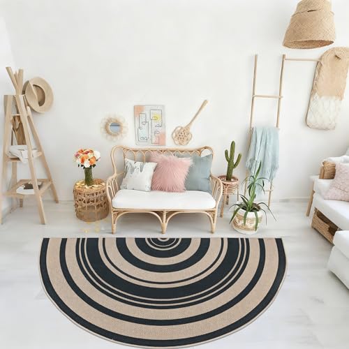 Easy Jute Rug 3x6Ft Half Circle Rainbow Carpet for Farmhouse Bedroom Carpet, Non-Slip Half Round Thin Neutral Floor Mat for Living Room Patio Kids Room Kitchen, Indoor Outdoor, Black 1 - color: Black 1, size: 3'x6'