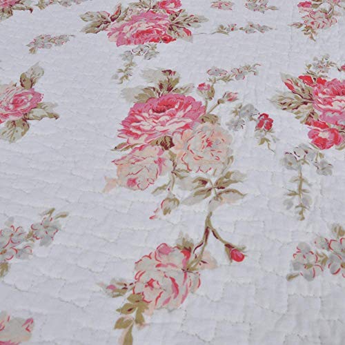 Cozy Line Home Fashions Josephine Spring Peony Pink Ivory Floral Shabby Chic Reversible 100% Cotton Quilted Throw Blanket 60" x 50" Machine Washable and Dryable (Peony) - color: Peony