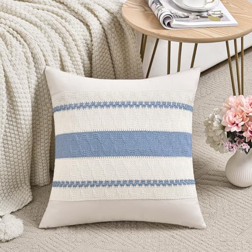 Fancy Homi Set of 2 Boho Light Blue Decorative Throw Pillow Cover 16x16 Inch for Couch Bed Sofa, Aesthetic Modern Organic Farmhouse Home Decor, Soft Cotton Cute Accent Macrame Woven Cushion Case - color: Light Blue, size: 16" x 16" (Pack of 2)
