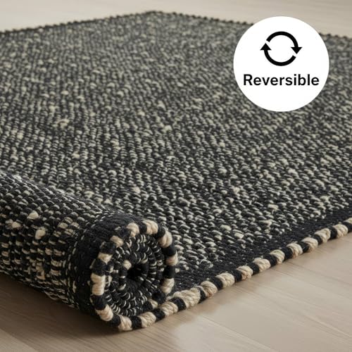 Black 8x10 Cotton Jute Rug Braided Construction - Farmhouse Woven Carpet - Mid-Century Modern Floor Covering for Bedroom Living Room, 8' x 10' - color: Black, size: 8' x 10'