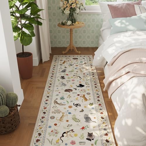Rugcomf 2x5 Runner Rug - Floral Cat Machine Washable Kitchen Rug, Non-Slip Low Pile Boho Carpet for Hallways, Laundry, Entryway, Bedroom, Bathroom - Beige - color: Beige/Cat, size: 2' x 5' (Rectangular)
