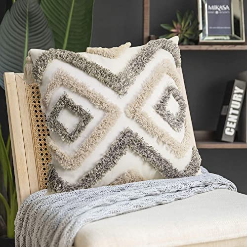 Merrycolor White Grey Boho Pillow Covers 18x18 with Tassels Tufted Decorative Gray Throw Pillows Neutral Modern Accent Pillowcase Farmhouse Square Cushion Covers for Couch Sofa Bedroom Living Room - color: Grey and White 1, size: 18" x 18" (Pack of 1)