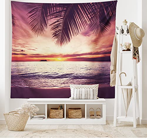 Ambesonne Palm Tree Tapestry, Tropical Beach Under Shadows at Sunset Ocean Waves Serenity of Paradise in Nature, Wide Wall Hanging for Bedroom Living Room Dorm, 60" X 40", Yellow Purple - color: Yellow Purple, size: 60"L x 40"W