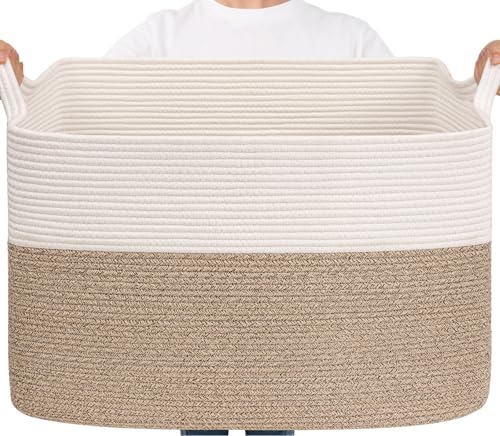 Goodpick Large Woven Blanket Basket 105L, 25"x16"x16" Cotton Rope Organizer for Toys, Dirty Clothes, Extra Large Rectangle Storage Basket for Living Room, Bedroom, White & Brown - color: White & Light Brown, size: XX-Large(25"L x 16"W x 16"H)