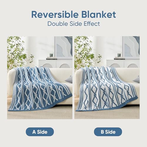 Snuggle Sac Ultra Soft Boho Throw Blanket for Couch Bed Sofa 50x60 inches, Reversible Geometric Blanket with Diamonds Microfiber Fluffy Fuzzy Cozy Knit Soft Throws Birthday Gifts for Women - color: Blue Boho, size: Throw(50"x60")
