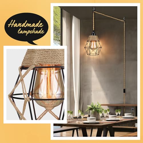 Plug in Pendant Light, Industrial Hanging Light with Plug in Cord, Hemp Rope On/Off Switch Farmhouse Pendant Light, Hanging Lamps for Dining Room - color: Beige