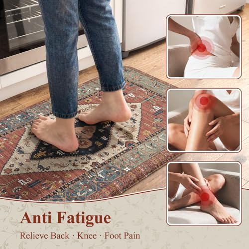 KIMODE Farmhouse Kitchen Mats, Anti Fatigue Kitchen Rugs Sets of 2, Non Slip Waterproof Kitchen Floor Mats, Ergonomic Cushioned Comfort Standing Mat, Red Laundry Room Rug for Office, Sink, Desk - color: Red Floral, size: 17.3" x 47 "+ 17.3" x 29 "--0.47 i