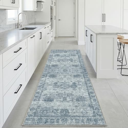 Homemate Washable Rug 2x6 Area Rugs - Vintage Faux Wool Rugs for Living Room Bedroom Dining Room - Non Slip Foldable Carpet Indoor Area Rug for Home Decor（2'x6', Blue - color: Blue, size: 2x6 ft
