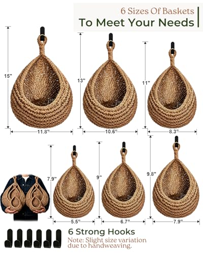 6 Pack Boho Wall Hanging Fruit Baskets, Kitchen Hanging Fruit Basket with 6 Pcs Hooks, Handwoven Teardrop Home Storage for Fruits, Vegetable, Potato