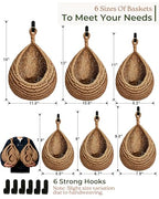 6 Pack Boho Wall Hanging Fruit Baskets, Kitchen Hanging Fruit Basket with 6 Pcs Hooks, Handwoven Teardrop Home Storage for Fruits, Vegetable, Potato