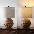 JONATHAN Y 21.5" Brown Modern Coastal Woven Rattan Globe LED Table Lamp for Bedroom, Oatmeal Linen Drum Shade, LED Bulb Included, Rustic Bedside Lamp for Living Room JYL6514A - color: Brown
